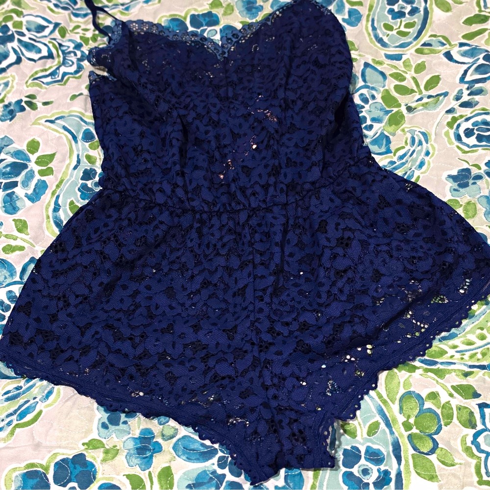 Victoria's Secret Blue Floral Semi-Transparent One-Piece Teddy small Bodysuit S